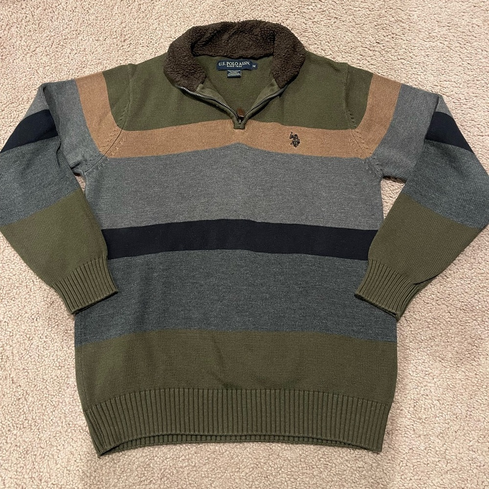 US POLO ASSN Men's Vintage Color Block Quarter Zip-Up Sweater